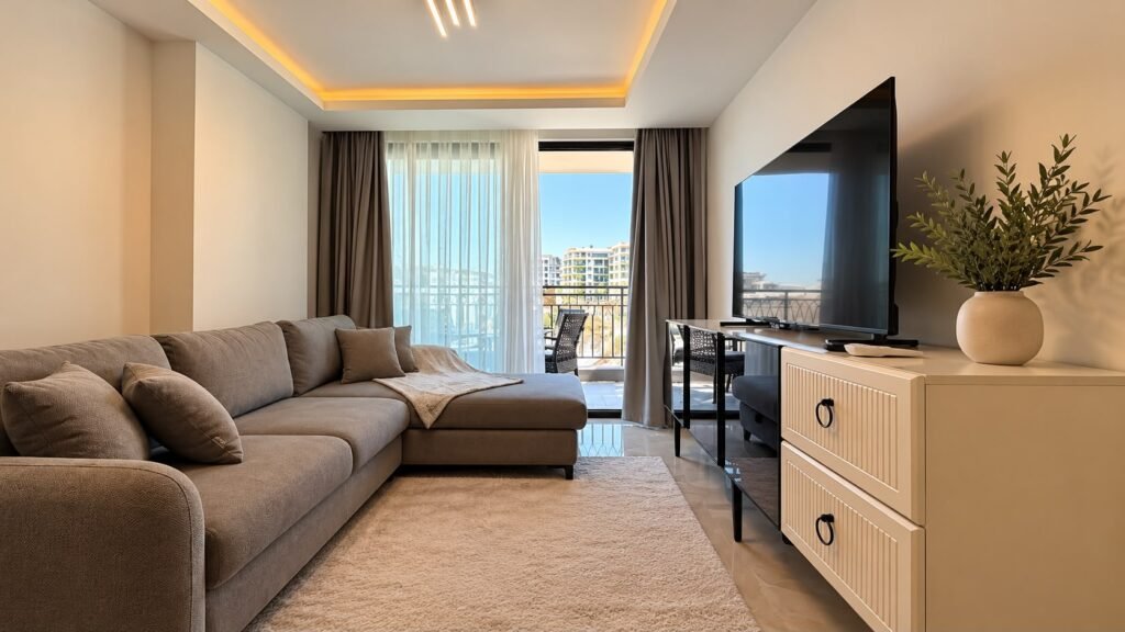 Alanya'nın merkezinde, yüksek katta ve tatil köyü altyapısına sahip 2+1 daire.